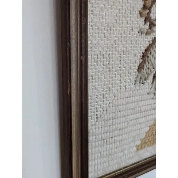 1980's Neutral Dried Floral Basket Crewel Art Work Embroidered Boho Cottage